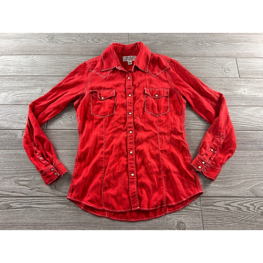 Ryan Michael Red Silk Cotton Western Snap Shirt Whipstitch Detail Womens Small